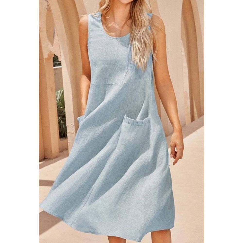 Lintico 100% Linen Giana Swing Beach Dress Natural Blue Lagenlook Boho NEW XL